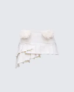Zefira Ivory Fur Trim Distressed Mini Skirt