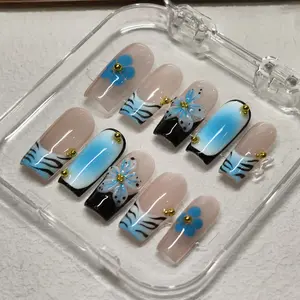 Vosplends  Blue Hawaii, handmade 10pcs  middle coffin  press on nails, ocean blue birthday nails Tropical Seashell Press-On Nails summer vacation