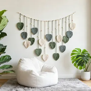 Handmade Woven Leaf Garland - Green & White Boho Hanging Wall Decor, Artistic Tapestry for Home, Office Ornaments Hangable Decoration