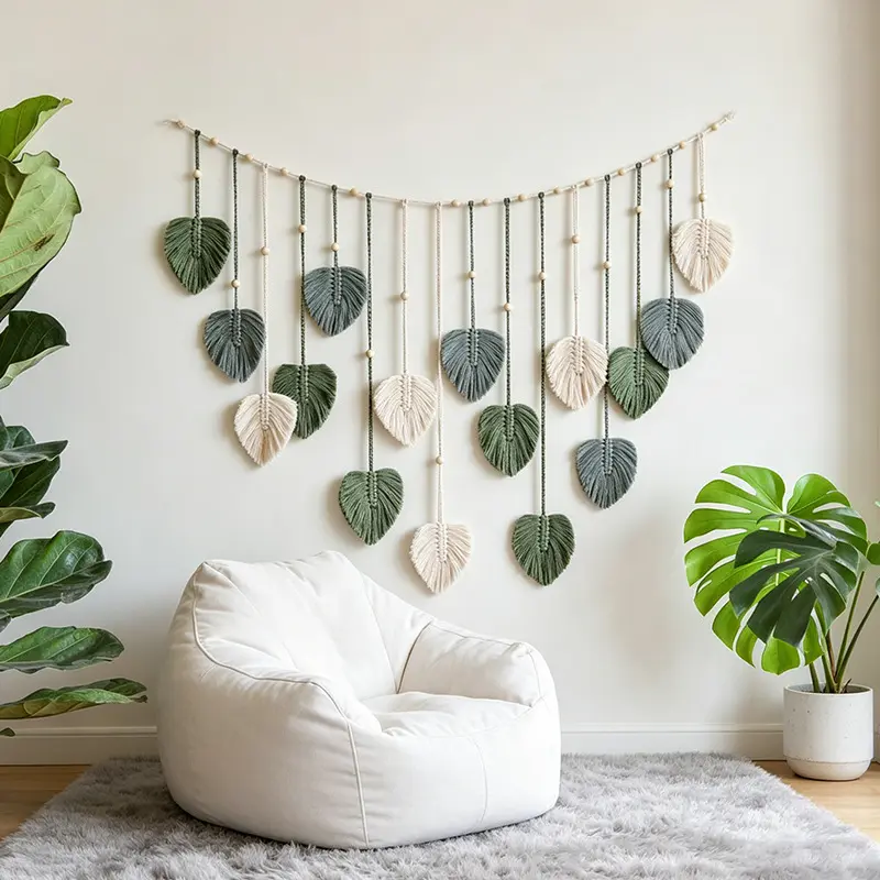 Boho Cotton Macrame Leaf Wall Hanging - Handmade 10-Leaves Green and White Woven Garland, Durable Natural Artistic Tapestry, Hangable Backdrop, Aesthetic House Decor Gift for Boho-Chic Lovers
