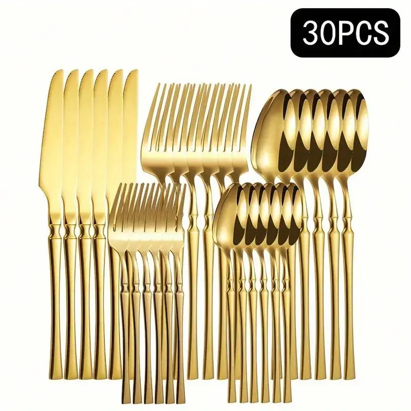 Stainless Steel Tableware Cutlery Set - 6-Person 30-Piece Mirror-Polished Knives, Forks, Spoons, Teaspoons, Dessert Forks, Durable, Dishwasher-Safe, Stylish Sturdy Kitchen Dinner Tableware Dinnerware Service Set Classic Dinnerware Sets collector vintage