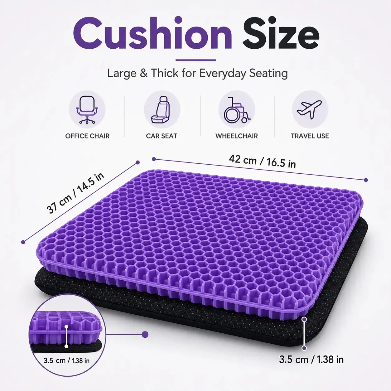 Dual Layer Ultra Thick Honeycomb Gel Seat Cushion - Cooling Breathable Pad with Detachable Washable Cover, Anti-Slip Orthopedic Tailbone Pressure Relief (16.5x14.5x1.38in) for Office, Car