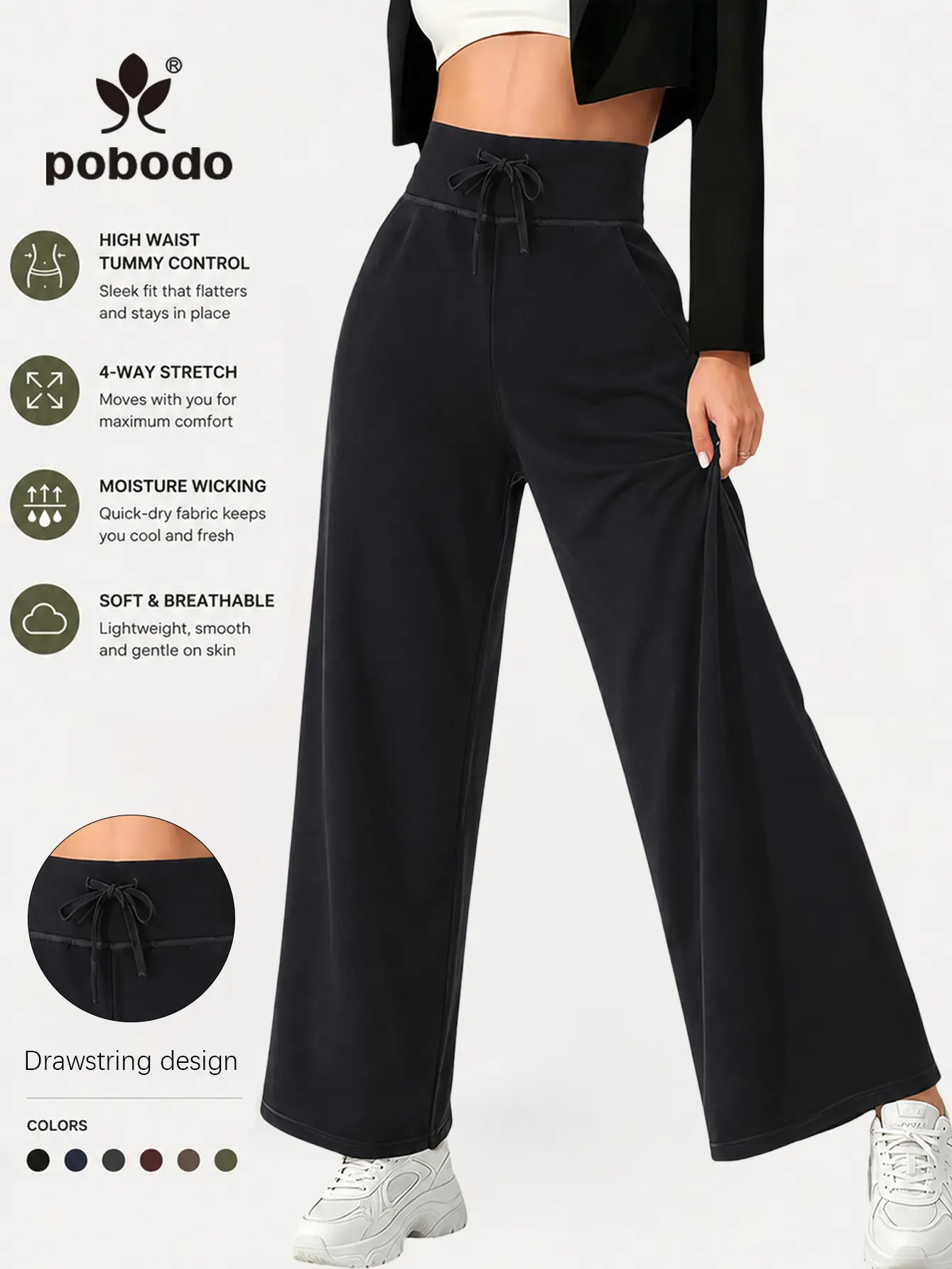 POBODO Women's Adjustable Basic Wide-Leg Straight Bottom Pants with Pockets - Lightweight Polyester-Spandex Casual Gym Trousers for Hoodie Matching
