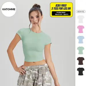 KatchMe Women's Athletic Solid Color Round Neck Short Sleeve Yoga Top, Spring & Summer Stretchy Brushed Clothes, Lightweight Quick Drying Crop Top(2)