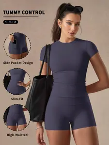Soft Fog Two-Piece Set with Tailored Short Sleeve Top and High Waist Shorts, Breathable Material for All-Day Comfort, Fitted Women
