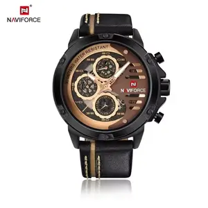Naviforce Men's NV02 Chronograph Watch with Red Accents on Black Leather Strap Water-Resistant 30M Analog Auto Date Complete Calendar Week Display