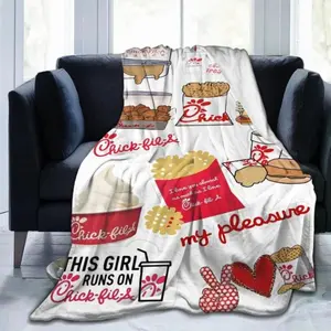 Chick-fil-a Themed Flannel Blanket - Soft, Breathable, Lightweight, All-Season Parabola with Vibrant Fast Food Illustrations, Perfect for Home Decor, Travel, Camping, and Gifts (Mother's Day, Christmas)