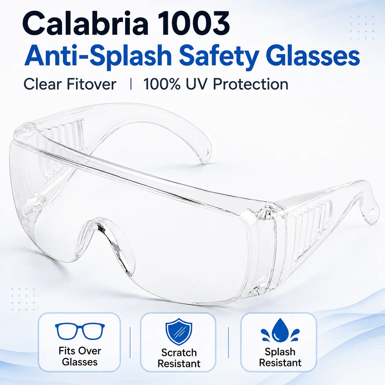 Calabria 1003 Polycarbonate Fitover Safety Glasses with Vented Brim, Anti-Fog, Splash-Proof, UV400 Blocking Ultraviolet Blue Light, Work Safety Equipment for Home Improvement, Woodworking, Mowing