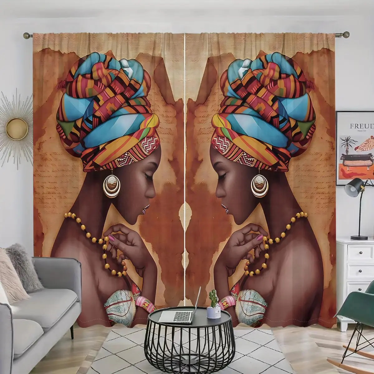African Woman Pattern Door Curtain, Home Decoration Curtain, 2 Counts Art Style Curtains Boho Style Artwork Digital Printed Curtain, Home Decorative Curtain for Bedroom, Living Room, Kitchen, Bathroom