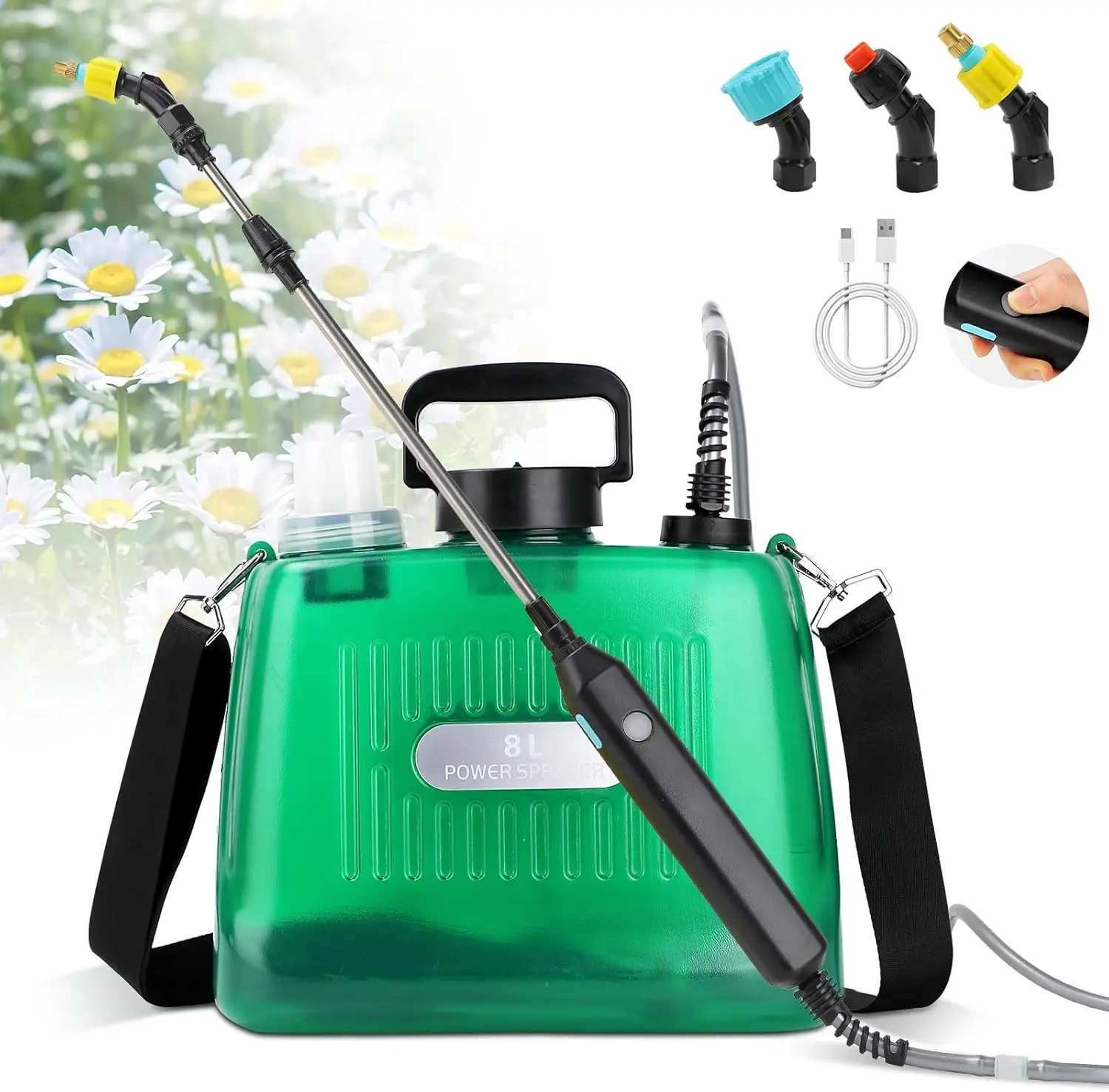 2 Gallon Sprayer   Sprayers, Upgrade  with 3 Mist Nozzles, Rechargeable Handle, Retractable Wand, Garden Sprayer with Adjustable  Strap for Garden, Lawn, Cleaning
