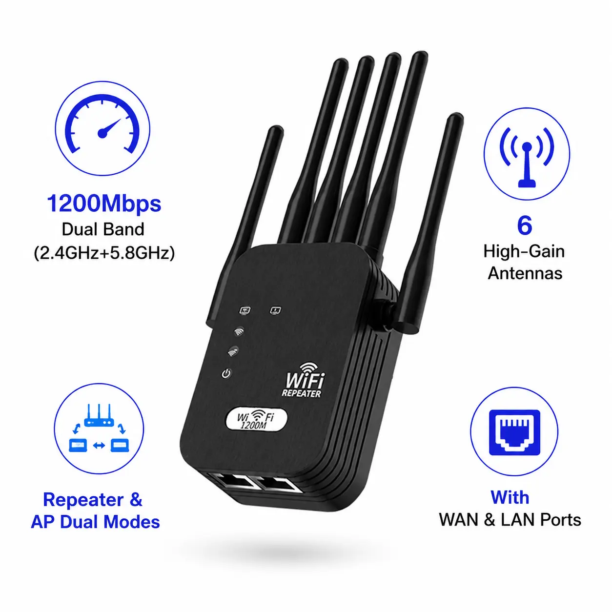 WiFi Extender Booster 1200Mbps WiFi Booster Range Extender Dual Band 5.8GHz/ 2.4GHz Wireless Signal Booster with 6 Antennas Wider Coverage US Plug