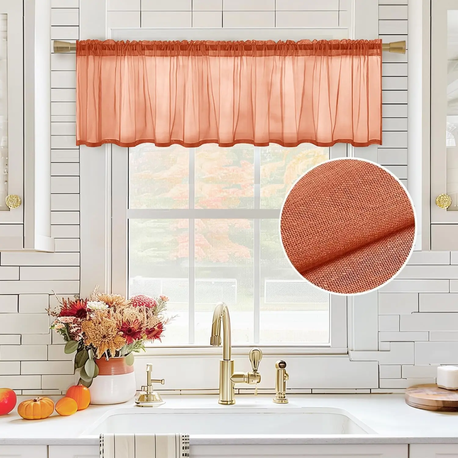 Burnt Orange Synthetic Sheer Valance - Linen-Textured Rod Pocket Half Window Curtain, Breathable Durable Farmhouse Small Drape for Kitchen Bathroom, 1 Panel, 60" W x 18" L, Do Not Bleach Fall Home Decor