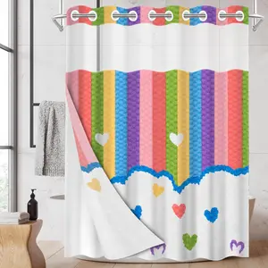 1pc hookless shower curtain with buckle lining, spring heart stripe cloud pattern design, 2D flat printing, fabric waterproof lining, see-through double shower curtain, 71 x 74 inches, modern home draping curtain.