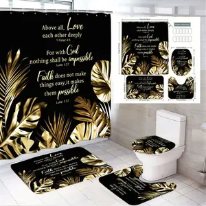 1/4pcs Black & Gold Bathroom Set with Motivational Bible Verses Palm Monstera Leaves - Shower Curtain Sets, Bath Mat, Toilet Lid Cover, Toilet Base Rug | Perfect for Easter, Mother’s Day, Valentine’s Day, Housewarming & Gift