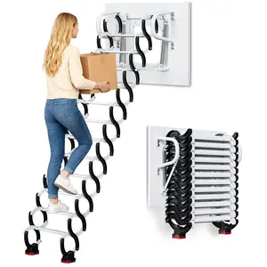 Wall-Mounted Aluminum Telescoping Attic Ladder Kit with Handrails, 12-Step 10.1ft Folding Loft Staircase, 882 lbs Capacity, Durable Design, Easy Installation, Effortless Stretching for Attics, Garages, Telescoping Ladder