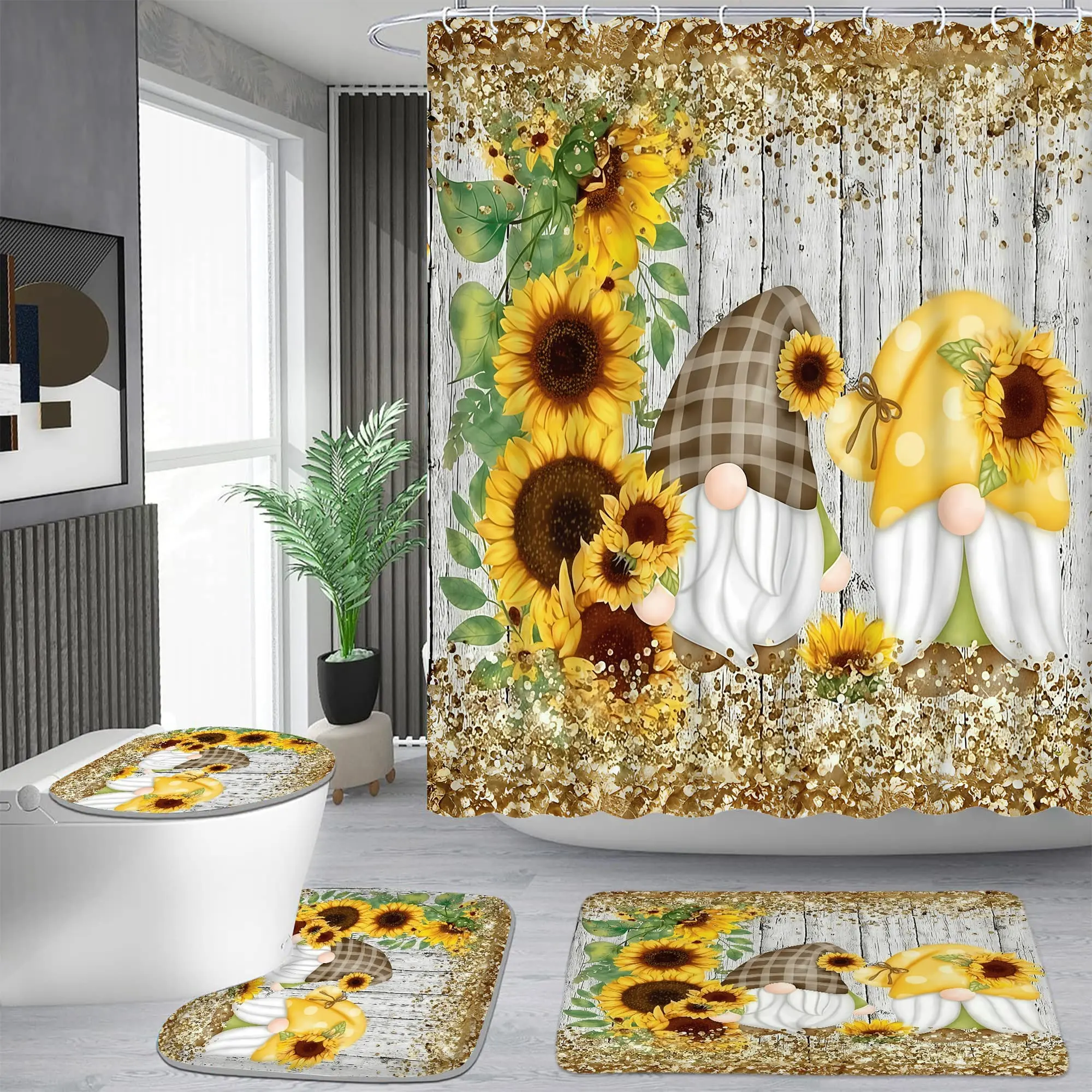 Sunflower dwarf pattern shower curtain set, waterproof shower curtain with 12 hooks, non-slip bathroom carpet, toilet U-shaped cushion, toilet seat cover cushion, bathroom shower curtain set, perfect moving gift.