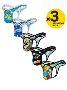 Men's Fashion Print Mesh Design Thongs, Nylon Ice Silk Comfortable Breathable Tight Fit, Bikini Style Underwear, Underwear All Seasons, 3 Pack Random Colors