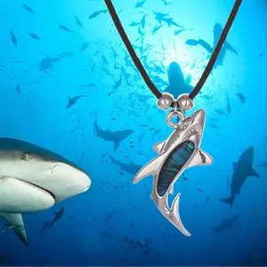 Blue Abalone Paua Shell Shark Necklace for Women Silver Jewelry on Wax Cord/Stainless Steel Chain