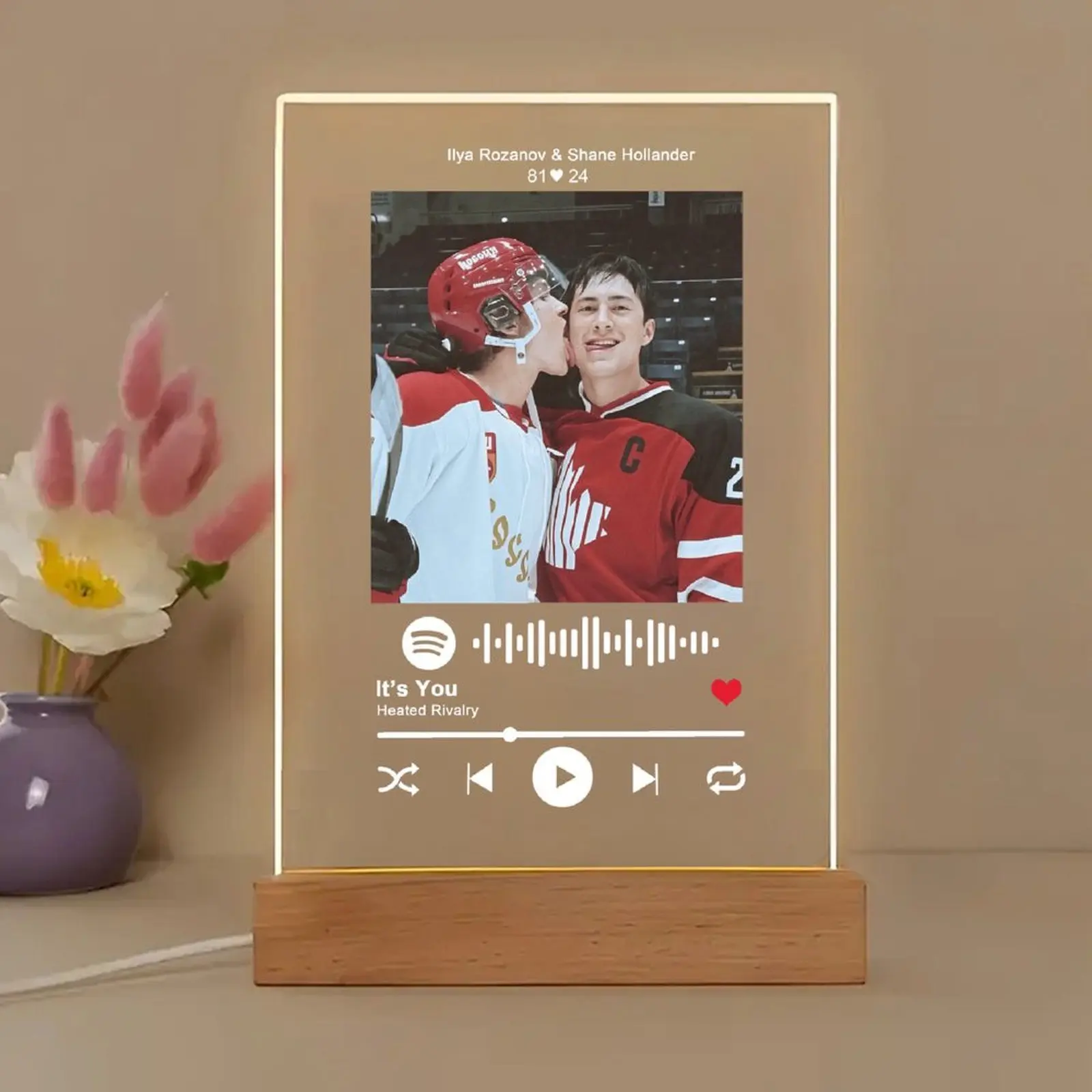 Personalized Acrylic LED Night Light Photo Plaque with Scannable Spotify Song Code Custom Photo Text and Date Wooden Base Light Up Music Picture Frame Lamp for Bedroom Desk Perfect Sentimental Valentine's Day Anniversary Personalized Gift for Boyfriend ou