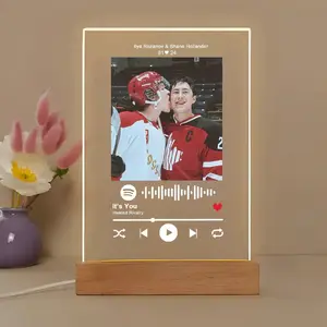 Personalized Acrylic LED Night Light Photo Plaque with Scannable Spotify Song Code Custom Photo Text and Date Wooden Base Light Up Music Picture Frame Lamp for Bedroom Desk Perfect Sentimental Valentine's Day Anniversary Personalized Gift for Boyfriend
