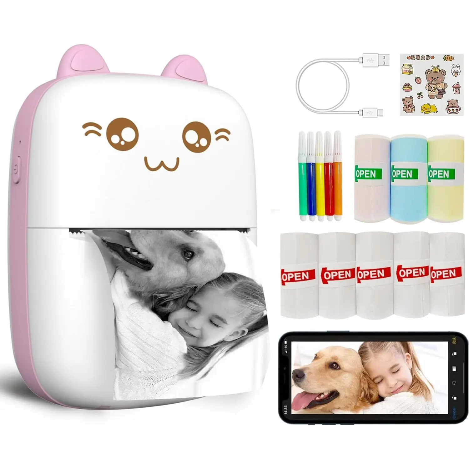Mini Printer Portable, Inkless Sticker printer with 8 Rolls Paper,   mini thermal printer Compatible with iOS + Android for Journal, Memo, Photo, Print Pod Gifts for Girls  (Pink)