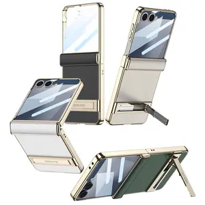 Film Screen Plating Leather Magnetic Hinge Bracket Phone Case for Samsung Galaxy Z Flip7 Flip 7 Holder Shell Protective Cover