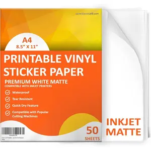 Printable Vinyl Sticker Paper for Inkjet Printers - Matte, 8.5" x 11" (A4) - Water-Resistant, Durable, Easy-Peel Sheets for Custom Labels, , & Stickers (50 Sheets)