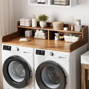54" Laundry Countertop with 2-Tier Shelf & Guard Rails, Wooden Washer Dryer Topper for Laundry Room