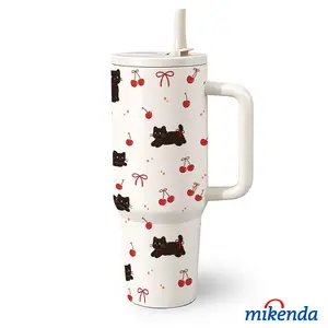 1 Pc 40 Oz Stainless Steel Water Cup with Handle and Straw, Cute Black Cat and Cherry Bow Design, Double Wall Insulated Thermal Mug, Hot 12H/ Cold 24H, Fun Drinkware, Perfect Easter, Mother's Day or Birthday Gift for Friends.