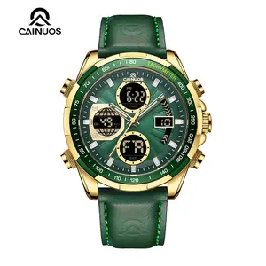 CAINUOS C8003 Men's Dual Display Watch 46mm Waterproof Tactical Watch, Genuine Leather Strap Luminous Quartz Watch with Date Week 12/24H Display, Fashion Casual EDC Wrist Watch for Men