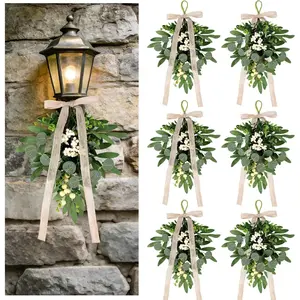 6 PCS Artificial Spring Summer Green Eucalyptus Teardrop Swag with Ribbon Bow 16" Vintage Mini Green Light Swag with White Berry Festive Sconce Lighting Decor for Farmhouse Porch Door Wedding Decor