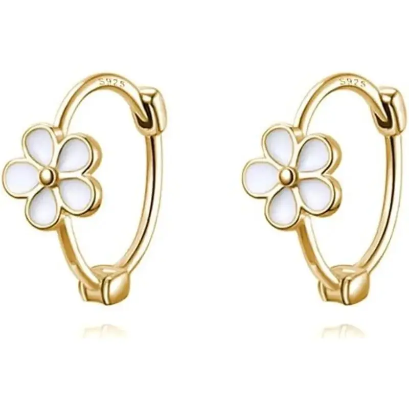 Exquisite Small Daisy Flower Hoop Earrings for Women - Genuine S925 Sterling Silver, 18K Gold Plated, Hypoallergenic White Enamel, Small Hinge Style (0.6cm Flower, 1.2cm Dia),summerwins Hoop Jewelry