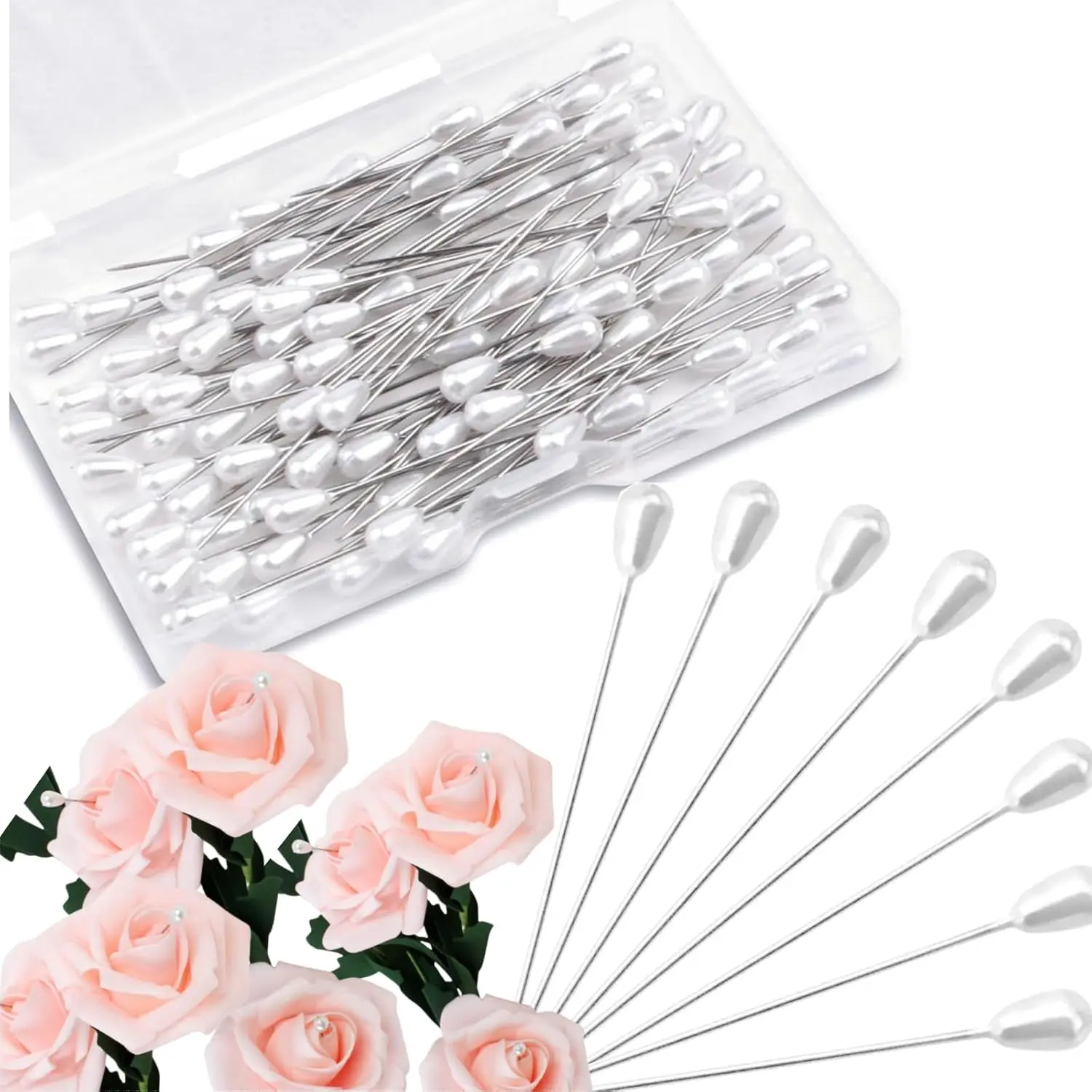 100 PCS Corsage Pins with Box, Teardrop Design Pearl Decoration Long Straight Wedding White Teardrop Pearl Head Boutineer Boutonniere Prom Bouquet Pins for Quilting Sewing Pinning Quilt Flower DIY Crafts Sewing Accessories and Supplies (2.17")
