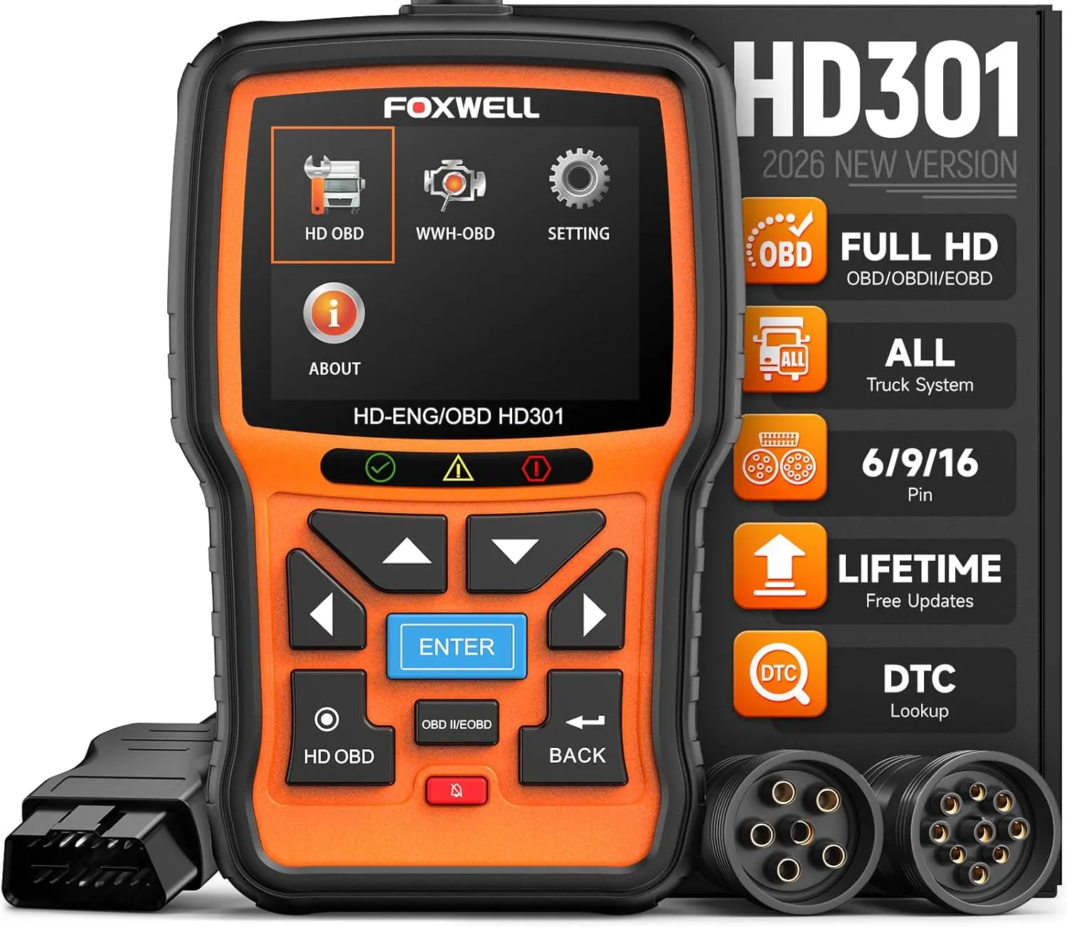FOXWELL HD301 Heavy-Duty Truck Scanner, 2-in-1 Truck & Engine Code Reader, Full System Diesel Scan Tool with 6/9/16 Pin Connectors, Supports Engine Diagnosis for Trucks and Passenger Vehicles, Diagnostic Tool Compatible with Cummins, Paccar, Caterpillar