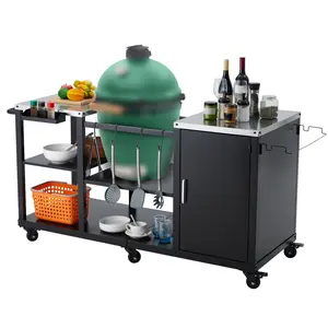 Outdoor Grill Table for Big Green Egg, Metal Grill Cart Table with Hooks and Racks, Heavy Duty Metal Grill Station Prep Table with Large Big Green Egg for Barbecue