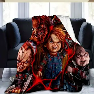 1pc Chucky Horror-Themed Flannel Throw Blanket – Soft, Warm, and Machine Washable – Perfect for Home, Office, Travel, Sofa, Bed, or Halloween Decor – 100% Flannel with Unique Print Design, Home Comfort Accessory | Bold Pattern | Allseason Warmth
