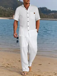Men's Solid Color Short Sleeve Shirt & Pants Two-piece Set, Regular Fit Casual Button Down Top & Pocket Trousers for Summer, Men's Two-piece Outfits for Tropical Beach Vacation, Casual Suit Set, Menswear