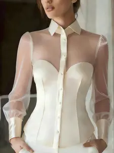 Elegant Chic Mesh Patchwork Blouse, Stand Collar Lantern Sleeve Top, High-End Waist Cinching Shirt, Casual Commuter Wear, Fashionable Versatile Design