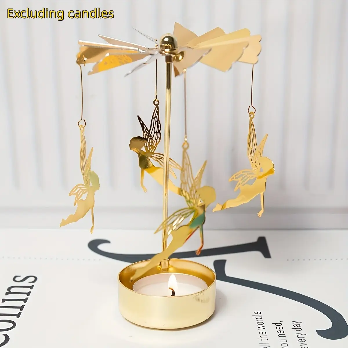 1Pc Golden Rotating Turntable Candlestick With Fairy Pattern, Thermal Rotation Metal Windmill Candle Holder, Elegant Desktop Decoration, Romantic Dinner Atmosphere Ornament, Creative Indoor Home Decor Souvenir Home Accessories (Excluding candles)