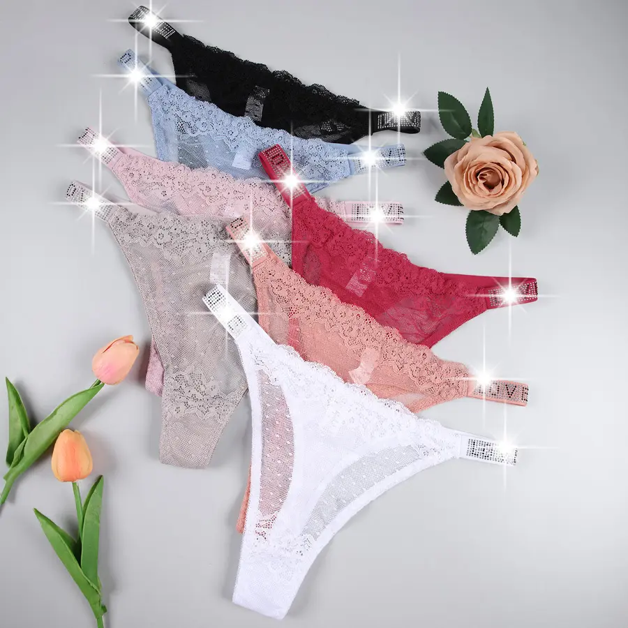 Women's 7-Pack Lace Thong Panties, Soft Lightweight Floral Fabric Underwear with Sparkly Rhinestone Waistband, Low-Rise T-Back Lingerie, Multi-Color Pack, Panty, Cute, Breathable, Sexy Thongs, Rhinestone Band, Bodycon, Flat, Feminine