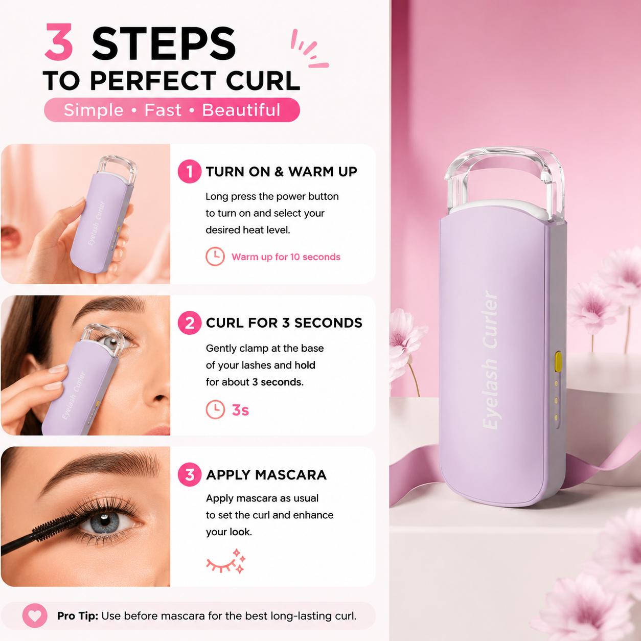 Thermal Eyelash Curler – USB Rechargeable with Thermo-sensitive Silicone Pad Fast Curling, Small Lifting Curler for Eyelashes – for Women, Girls, Home, Travel, Curly and Stylized