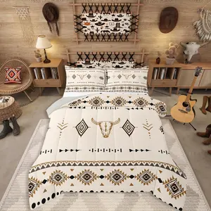 Feelyou Bull Skull Comforter Set - Queen Size Microfiber Decorative Bedding Set, Western Cowboy Themed Duvet Insert for Boys, Southwestern Native Boho Aztec Ethnic Horns Quilt, Microfiber Bedding Set