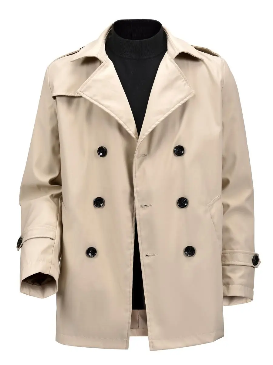Men's Khaki Double-Breasted Lapel Short Trench Coat - Lightweight, Wrinkle-Resistant, Windproof, Breathable, Smooth Loose-Fit Gentleman Jackets for Office Commute, Daily Wear (Spring & Autumn) | Pair with Jeans, Shirts, Sweaters