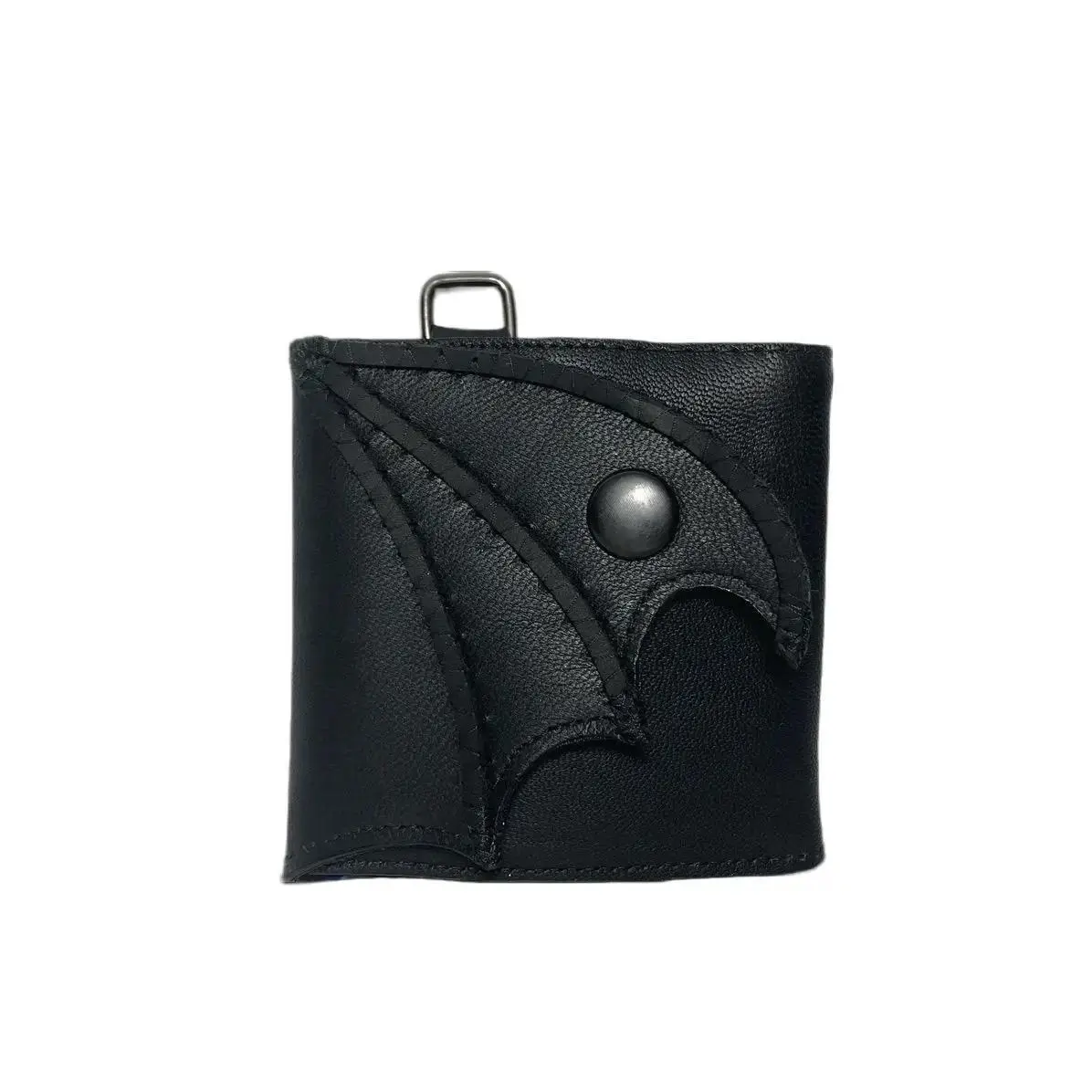 Black Bat Wing Leather Wallet Holographic Vinyl Zipper Satin Lined Snap D-Ring Trifold