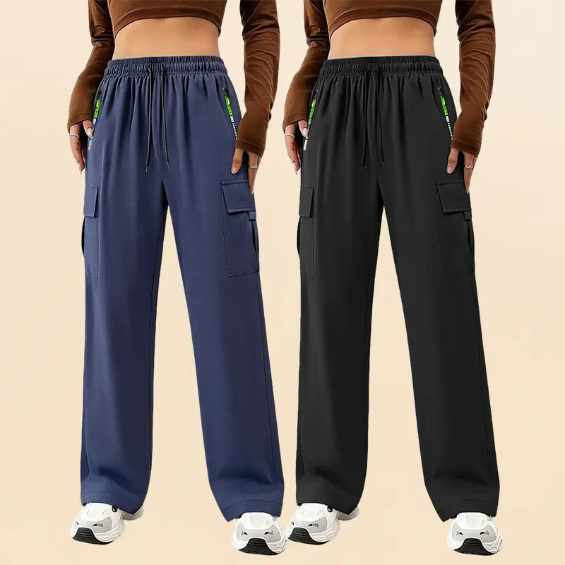 Women’s 2-Pack Lightweight Drawstring Pants - Sporty Chic Basics, Polyester Plain Look Outdoor Casual Athletic Bottoms with Zipper Pockets, Breathable Summer Running Fitness Leggings, Adjustable Waistband