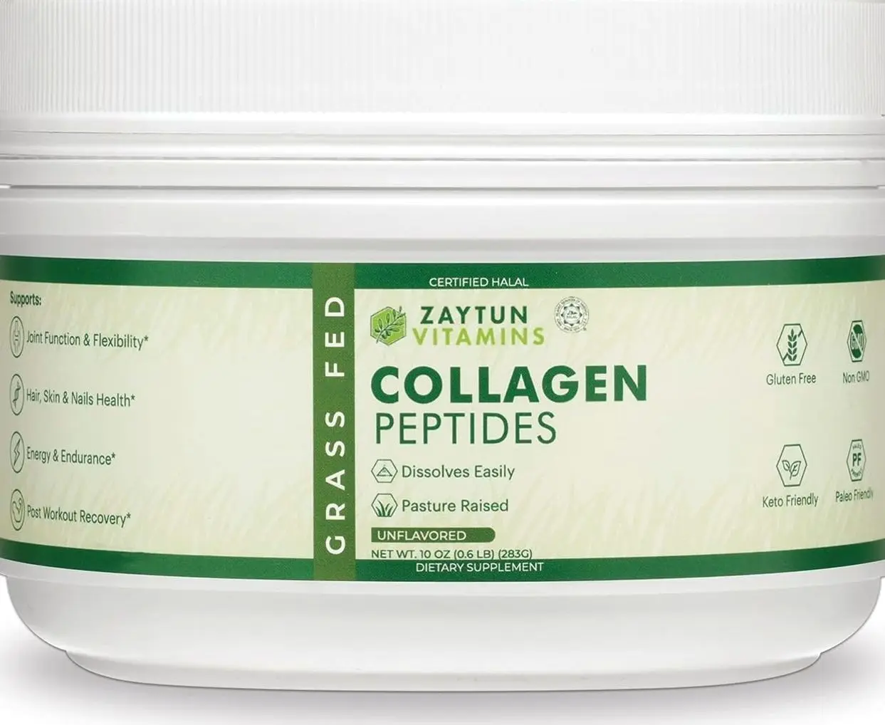 Zaytun Halal Collagen Peptides Powder, Hydrolyzed Type I & III Collagen, Supports Joint, Bone, Muscles, Hair, Skin, & Nails, Keto Friendly, Grass-Fed, 10 oz, Made in USA, Certified Halal