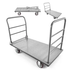 【Summervibes】VEVOR Platform Truck, 2650 lbs Capacity, Heavy Duty Flatbed Cart Dolly with Detachable Guardrail and Swivel Wheels, Foldable Hand Push Truck Cart, for Groceries, Garage, Warehouse, 48 x 24 x 36.2 in