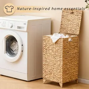 Handwoven Laundry Hamper with Lid, Natural Water Hyacinth Heightened Feet Laundry Basket, Wicker Clothes Hamper with Removable Liner Bag, Clothes storage, Handmade Laundry