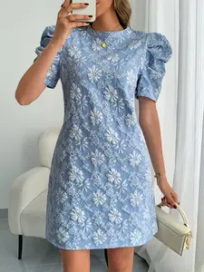 Elegant Women's Bubble Sleeve Textured Jacquard Round Neck Vintage Floral Print Dress, Summer Office Pencil Skirt, Slim Fit Commuter Dress