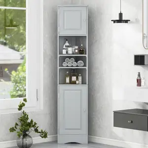 Multi-Functional Corner Cabinet Tall Bathroom Storage Cabinet with Two Doors and Adjustable Shelves, Open Shelf